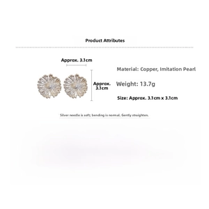 Detail view of flower petal stud earrings with pearl centers and dimensions showing 3.1cm size