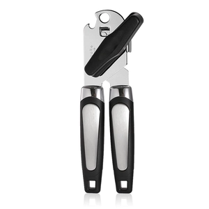 3-in-1 manual stainless steel can opener with ergonomic black handles on white background