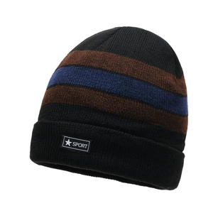 Men's winter knit beanie featuring black base with brown and blue striped pattern design
