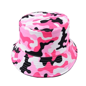 Pink camouflage bucket hat with wide brim and reinforced stitching for sun protection