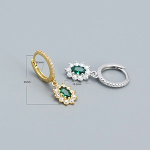 Silver huggie hoop earrings with emerald green zircon pendant and 23mm size dimensions