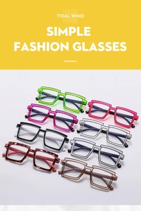 Detail view of TR90 square eyeglasses showing durable metal hinges and assorted frame colors