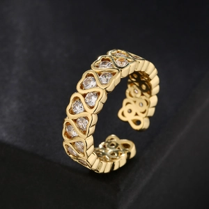 Luxurious 18K gold-plated open ring with heart-shaped zircon stones in a geometric design