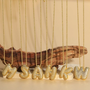 Hip Hop Bubble Alphabet Pendant Necklace For Women Puffy Copper Zirconia Initial Necklace Gold Twist Chain Jewelry Gift