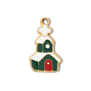 Detailed enamel Christmas church pendant with golden edges and festive snowy roof design