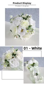 Detail of bridal bouquet with white roses, peonies and a soft green chiffon ribbon bow
