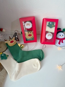 Detailed view of festive 3D plush holiday icons on knitted Christmas socks in gift box