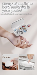 Detail view of a portable white pill box with multiple compartments and a secure snap lid