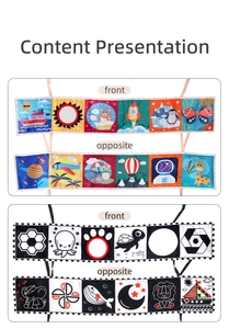 Double-sided sensory baby cloth book with high contrast patterns and tummy time mirror