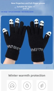 Close-up of black knitted gloves featuring panda patterns and convertible finger design