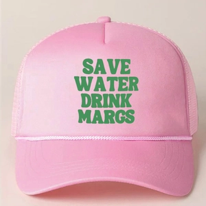 Pink trucker hat with green Save Water Drink Margs text and decorative rope cord