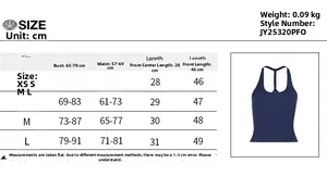 Detailed size guide table for rib-knit backless sports tank top with measurements in cm