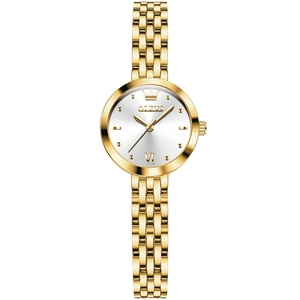 Elegant OLEVS women's gold quartz watch with a white dial and classic vintage metal strap