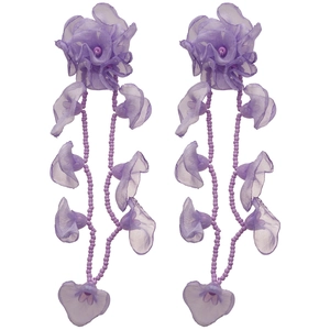 Elegant purple chiffon flower tassel earrings with intricate bead strings and silver pins