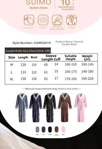 Detailed size guide for flannel plush bathrobes showing measurements and fit specifications