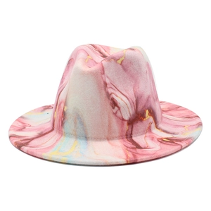 Modern pink marble print wide brim fedora hat with artistic colorful swirl patterns