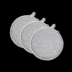 Set of 3 silver mesh sponges for kitchen cleaning with hanging loops and scrub texture