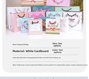 Detail of floral paper gift bags with THANK YOU print and various elegant patterns
