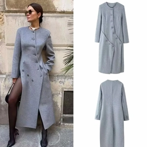 Women Chic Long Grey Wool-Like Coat Asymmetric Front Multi Button Round Neck Side Slit Street Outerwear