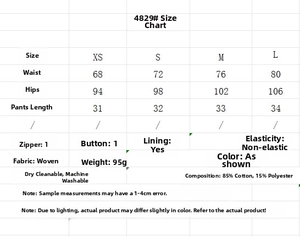 Size chart for embroidered shorts set with measurements in XS to L and fabric details