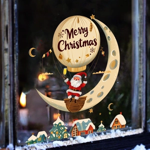 Detailed Christmas window stickers with Santa Claus and moon balloons on a cozy winter background