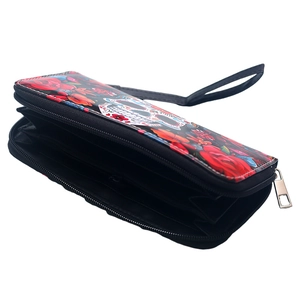 Vintage bat ghost skull long zipper wallet with floral print and wrist strap