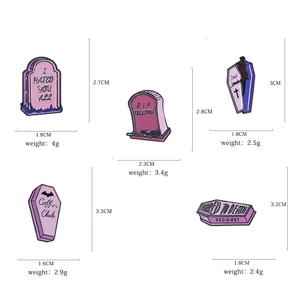 Gothic pink and black enamel Halloween pins set with dimensions and weights