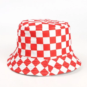 Close-up of red and white checkerboard bucket hat featuring geometric canvas patterns