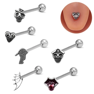 Detailed views of gothic skull, heart, and bat tongue rings on polished stainless steel