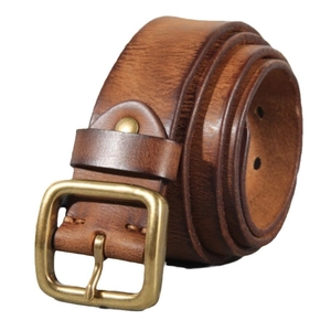 Vintage dark brown leather belt for men with antique brass buckle on a white background