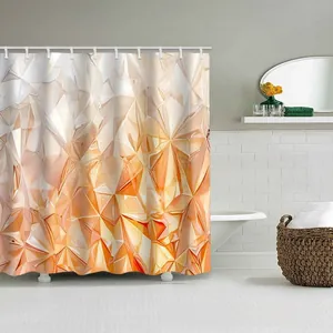 Detail showing 3D geometric crystal pattern shower curtain with white hanging hooks
