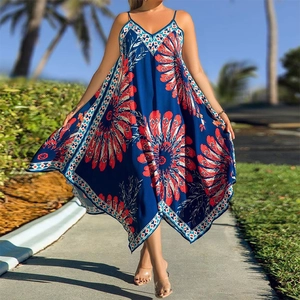 Bohemian Maxi Dress Polyester V-Neck Spaghetti Strap Irregular Hem Floral Print Summer Beach Vacation For Women