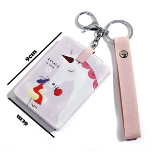 Square keychain mirror with cute unicorn pattern and pink wrist strap, 9x6cm size