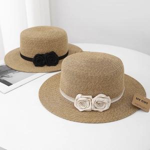 Flat top straw boater hat with ribbon and 3D rose flower decoration for sun protection