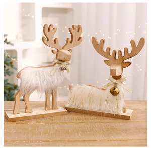 Detailed view of wooden Christmas reindeer with white faux fur and golden bells