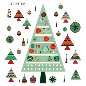 Weihnachtsbaum-Wandsticker-Set mit Sternen und Kugeln in Vintage-Grün und Rot