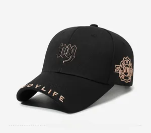 Detail of golden NY embroidery and Joy Life text on black mesh baseball cap