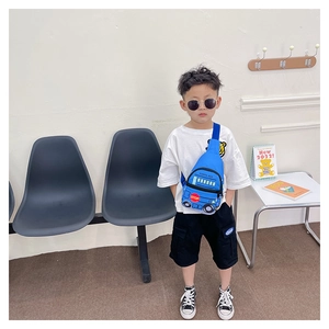 Blue school bus shaped canvas chest bag for kids with adjustable strap detail