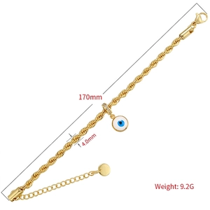 Bracelet chaîne torsadée dorée avec pendentif œil émaillé bleu et détails de mesures