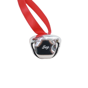 38mm silver Christmas bell with red ribbon and Joy engraving on white background