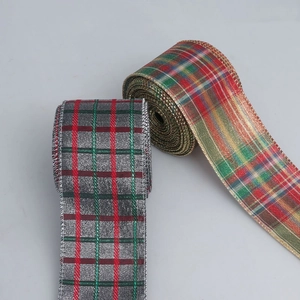 Christmas tartan ribbons with glitter wire edges in red, green and silver patterns