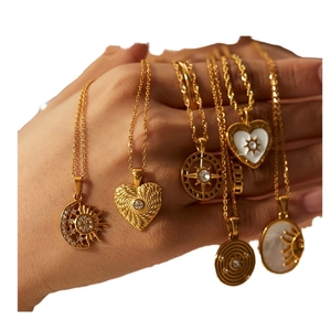 French vintage style 18K gold plated heart and celestial pendant necklace set for women