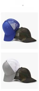 Detail of breathable mesh trucker caps in camouflage and royal blue summer styles