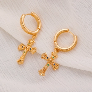 Golden cross hoop earrings with vintage textures and colorful cubic zirconia stones