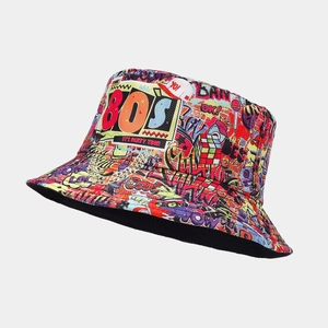Detail of vibrant 80s retro graffiti print on a double-sided reversible bucket hat
