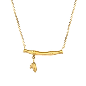 Minimalist gold titanium steel necklace featuring a bamboo stalk and leaf pendant