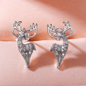 Sparkling silver reindeer stud earrings with white zircons for Christmas jewelry gift