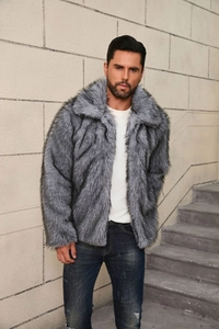 Detailed texture of grey faux fur coat featuring lapel collar and plush material