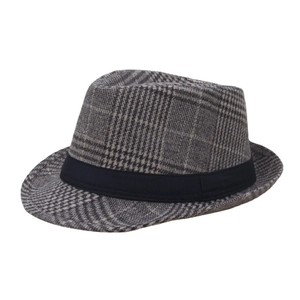 Cappello fedora vintage in lana con classico motivo scozzese grigio nero e nastro