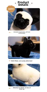 Close-up of the detailed facial embroidery and plush texture of a black French Bulldog toy